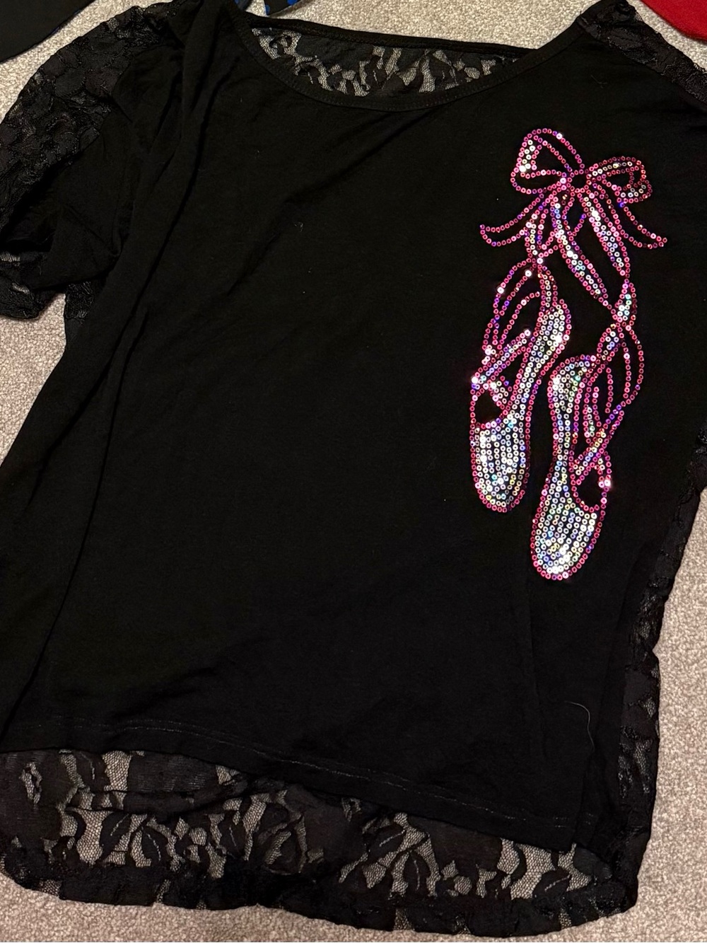 Black Lace Tee with Sequin Ballet Slipper Graphic - Picture 2 of 2